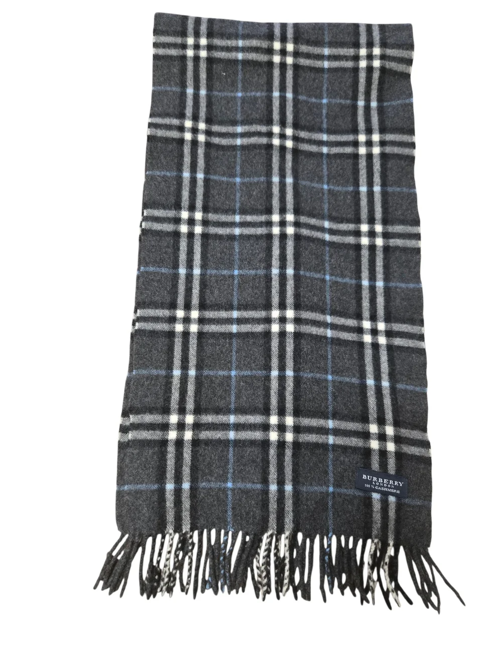 Burberry Gray Plaid Cashmere Scarf with Blue Accent